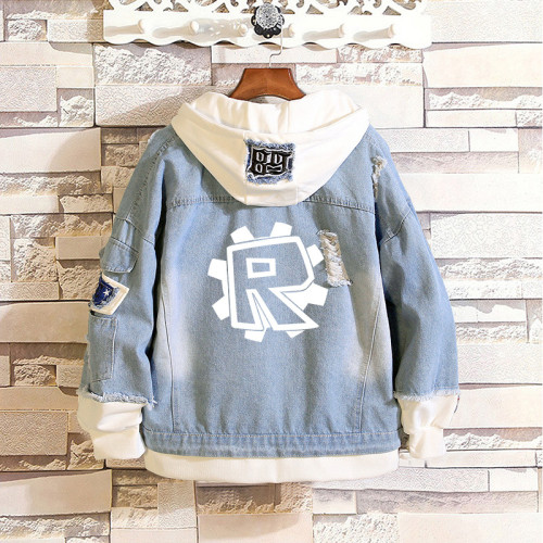 Roblox Youth Adults Fake Two Piece Jean Jacket Trendy Hooded Denim Jacket Coat Outfit