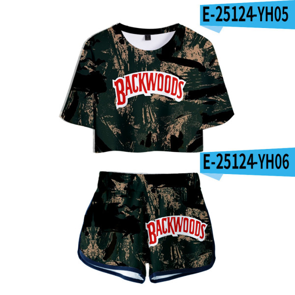 US$ 26.99 - 2021 Backwoods Fashiong Summer Girls Women 2 Pieces Crop Top Shirt and Shorts Suit