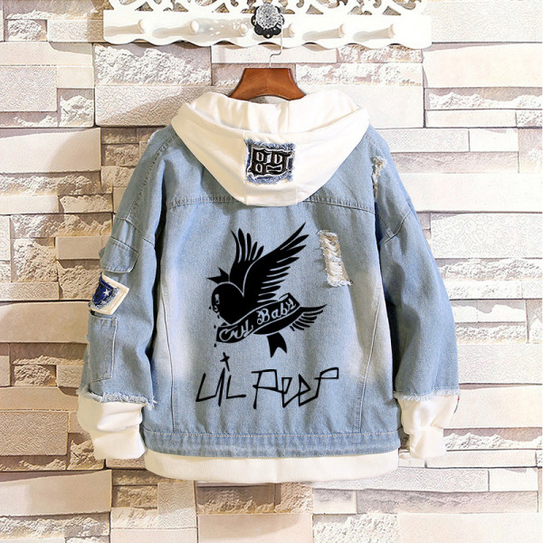 Lil Peep Trendy Street Style Jacket Denim Hooded Fake-two-piece Coat Unisex Hip Hop Outfit