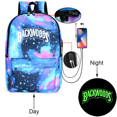 Backwoods Fashion Backpack School Book Bag With USB Charging Port Glow In Dark