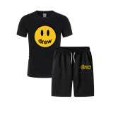 Drew Smiley Face Print Fashion T-shirt and Shorts Suit Unisex 2 Pieces Set