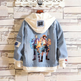 Anime One Piece Denim Jacket Fake Two Piece Casual Hooded Jacket Coat Street Style Outfit