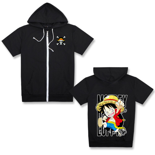 Anime One Piece Zipper Hooded Short Sleeve T-shirt Cosplay Costume