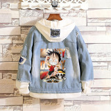 Anime One Piece Denim Jacket Hooded Jacket Coat Fake Two Piece Winter Fall Jean Jacket