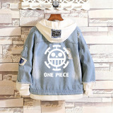 Anime One Piece Denim Jacket Fake Two Piece Casual Hooded Jacket Coat Street Style Outfit