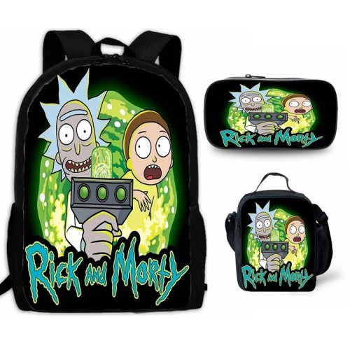 Rick and Morty Students 3pcs Backpack Set 3-D Bookbag With Lunch Bag and Pencil Bag Set