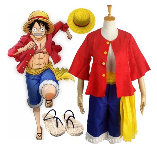 Anime One Piece Cosplay Costume Monkey D. Luffy Halloween Cosplay Costume With Hat and Straw Sandals