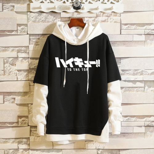 Anime Haikyuu!! Karasuno Fake Two Piece Streewear Casual Loose Hooded Sweatshirt Top For Fall Winter