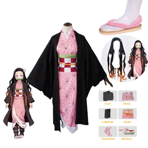 [Kids/ Adults] Anime Demon Slayer Nezuko Kamado Cosplay Costume Whole Set With Wigs and Shoes Halloween Costume