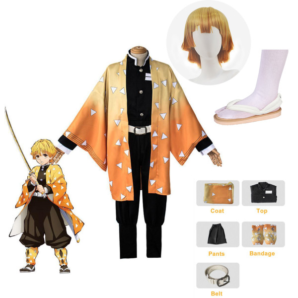 [Kids/ Adults] Anime Demon Slayer Zenitsu Agatsuma Cosplay Costume Whole Set Costume With Wigs and Clogs