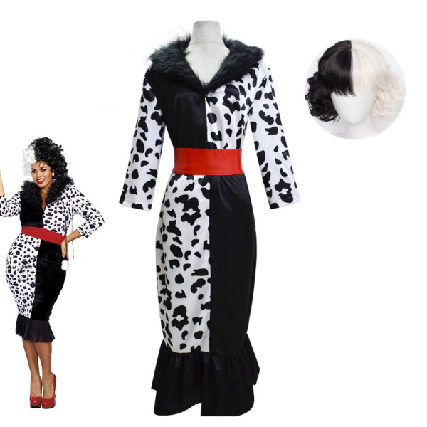 Cruella de Vil Costume Bodycon Dress Black and White Halloween Cosplay Costume Whole Set Wth Wigs