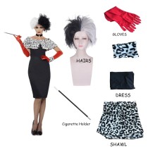 Cruella de Vil Cosplay Bodycon Dress Costume Whole Set With Props and Wigs Halloween Cool Costume