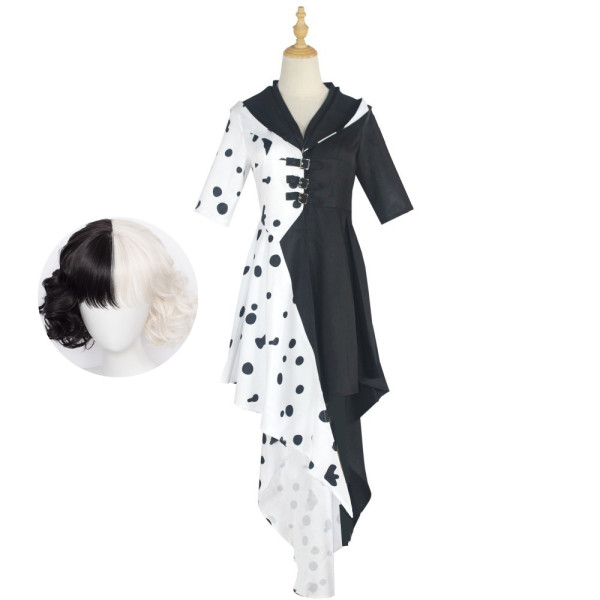 Cruella de Vil Cosplay Costume Halloween Costume With Wigs Coaplay Dress Black and White Costume Whole Set