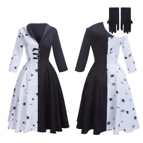 Cruella de Vil Black White Cosplay Dress Halloween Costume With Gloves Cosplay Set