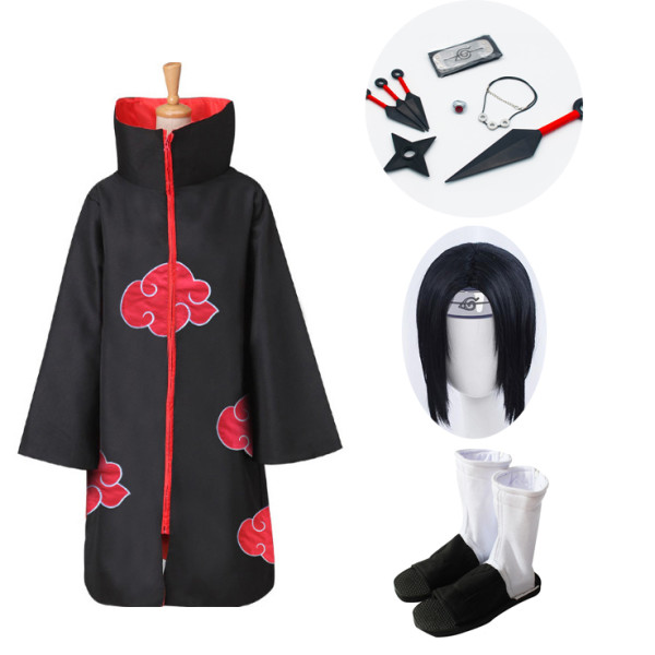 Naruto Akatsuki Itachi Uchiha 11pcs Set Cosplay Costume Whole Set With Props and Wigs and Shoes
