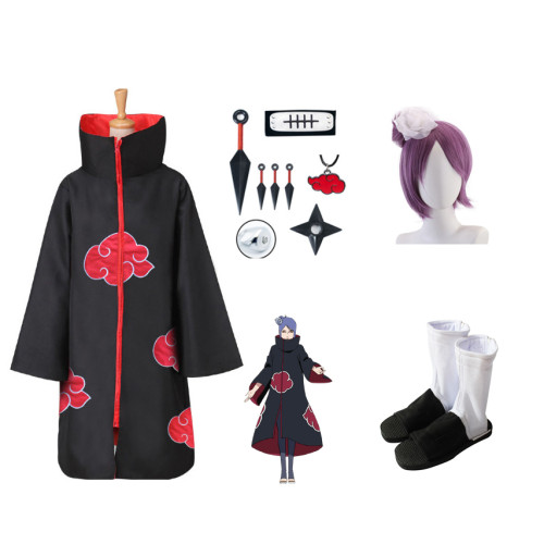 Naruto Akatsuki Konan Cosplay Costume Full Set Coaplay Cloak With Wigs Shoes Props