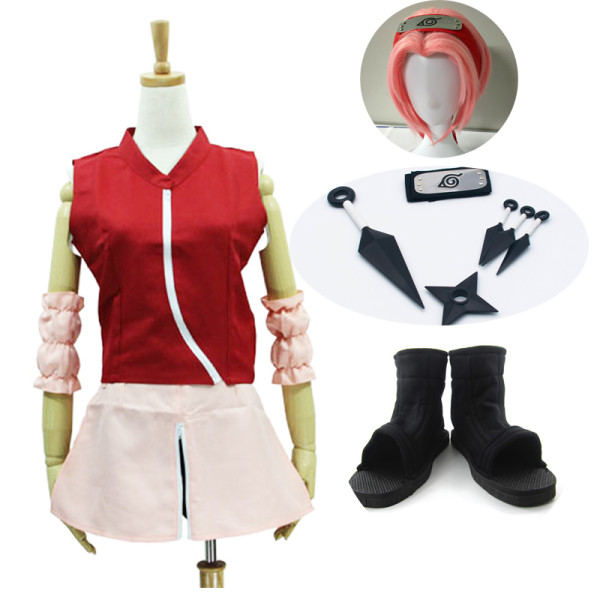 Anime Naruto Haruno Sakura Second Generation Cosplay Costume Whole Set With Wigs Shoes Props