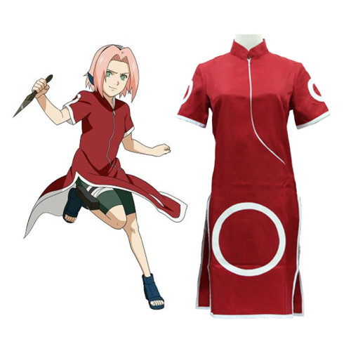 Anime Naruto Haruno Sakura Red Cheongsam Costume Whole Set With Props and Wigs and Shoes