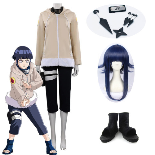Anime Naruto Hinata Hyuga Childhood Beige Cosplay Costume Whole Set With Props Wigs and Shoes