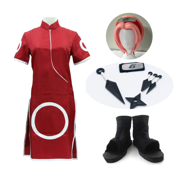 Anime Naruto Haruno Sakura Red Cheongsam Costume Whole Set With Props and Wigs and Shoes