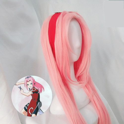 Anime Naruto Haruno Sakura Coaplay Long Pink Wigs With Headband