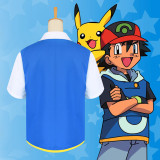 [Kids/Adults] Anime Pokemon Indigo League Ash Ketchum Cosplay Costume Zipper Shirt With Hat Poke Ball and Gloves
