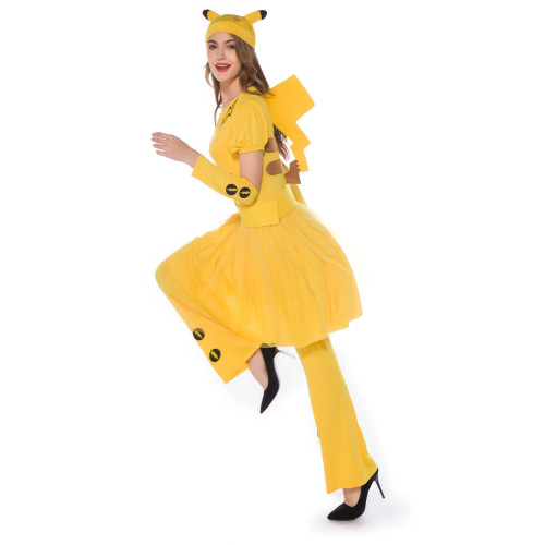 2021 New Pokemon Pocket Monster Pikachu Adults Couple Matching Costume Pikachu Jumpsuit / Dress Halloween Costume