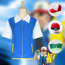 [Kids/Adults] Anime Pokemon Indigo League Ash Ketchum Cosplay Costume Zipper Shirt With Hat Poke Ball and Gloves