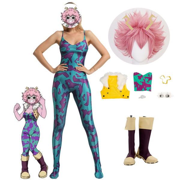 Anime My Hero Academia Ashido Mina Pinky Jumpsuit Costume Whole Set With Wigs and Boots