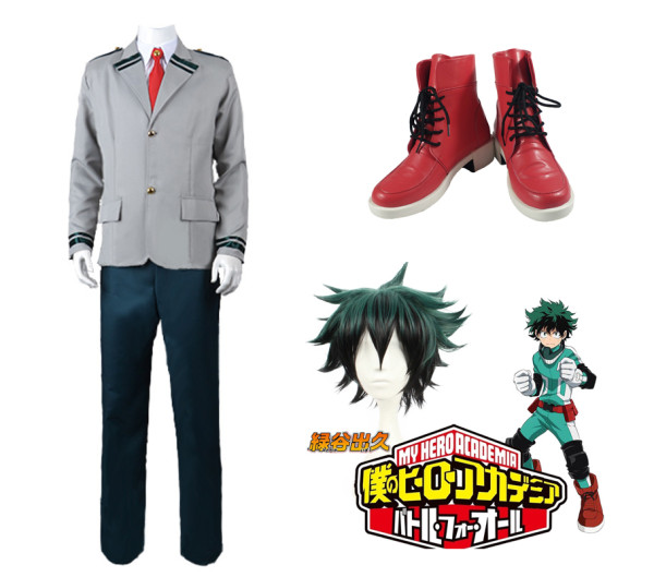 Anime My Hero Academia Midoriya Izuku Deku School Uniform Costume With Wigs and Boots Whole Set Cosplay Costume