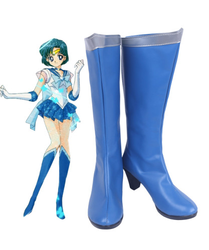 Anime Sailor Moon Sailor Mercury Mizuno Ami Cosplay Blue Boots Knee Length PU Leather Shoes Cosplay Costume Accessories