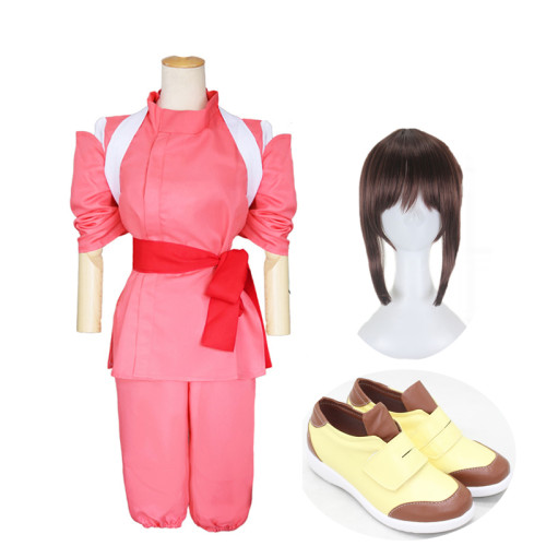 [ Kids/ Adults ] Anime Movie Spirited Away Ogino Chihiro Cosplay Costume Whole Set With Wigs and Shoes Halloween Cosplay Costume Outfit