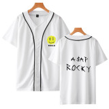 Asap Rocky Men Casual V Neck Tee Button Down Hip Hop Short Sleeve T-shirt Streetwear Tops