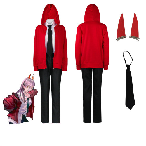 Anime Chainsaw Man Power Costume Red Jacket Shirt Pants Halloween Cosplay Outfit With Horns