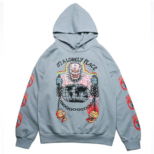 Kanye West Skull Print Cool Hoodie Casual Streewear Hooded Sweatshirt It's A Lonely Place Graphic Hoodie