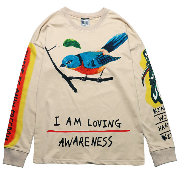 Kanye West Sweatshirt Long Sleeve Pullover Shirts With Bird Print Roundneck Casual Long Sleeve T-shirt
