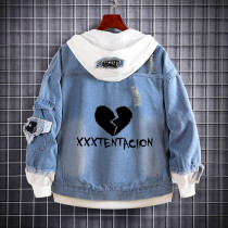 XXXtentacion Fake Two Piece Denim Jacket Revenge Print Blue Jeans Hooded Jacket Coat Streetwear Unisex Outfit