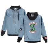 Riverdale Southside Serpent Print Denim Jacket Unisex Fake Two Piece Jeans Jacket Coat Hooded