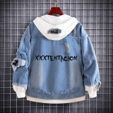 XXXtentacion Fake Two Piece Denim Jacket Revenge Print Blue Jeans Hooded Jacket Coat Streetwear Unisex Outfit