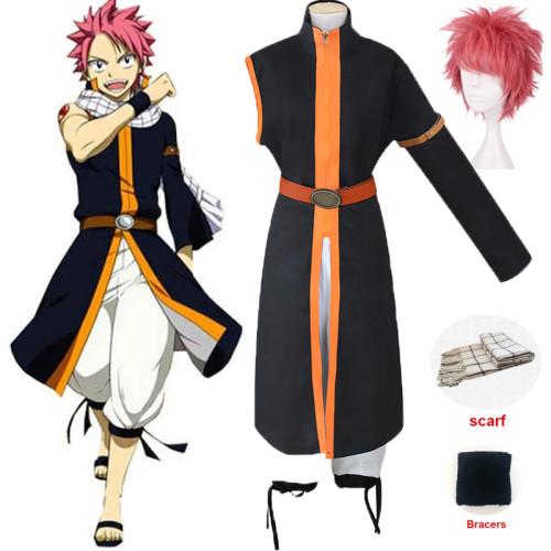 Anime Fairy Tail Etherious Natsu Dragneel Cosplay Costume Full Set With Scarf and Wigs Halloween Full Set Outfit
