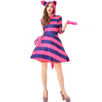 Alice in Wonderland Cheshire Cat Hooded Female Dress With Tail Costume Halloween Party Cosplay Outfit