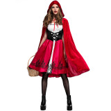 Little Red Riding Hood Female Halloween Costume Dress With Cloak XS-3XL