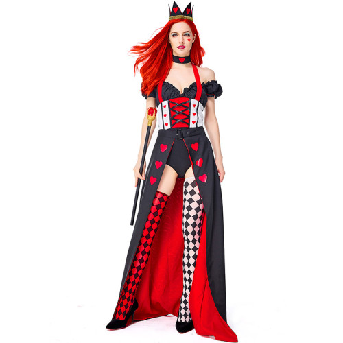 Alice in Wonderland Red Queen Women Dress Costume  Full Set With Socks High Split Halloween Cosplay Dress