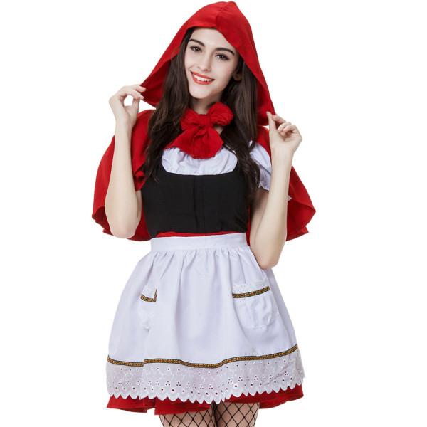 Little Red Riding Hood Vintage Dress Costume With Red Hood Halloween Women Girls Cosplay Outfit