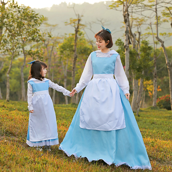 [Kids/Adults]Beauty and the Beast Belle Blue Dress Costume Girls Women Halloween Cosplay Outfit Family Matching Costume