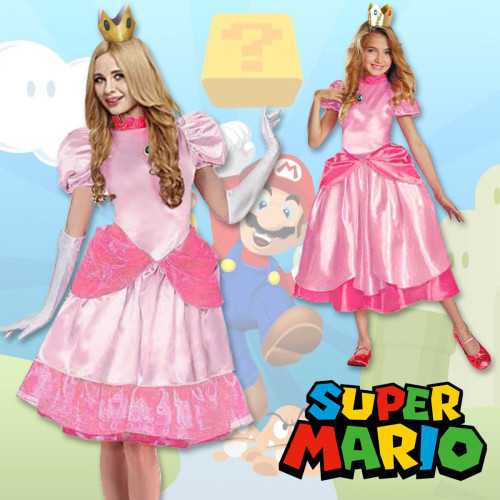 [Kids/Adults] Super Mario Princess Peach Cosplay Pink Halloween Cosplay Dress Outfit For Girls Women