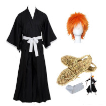 Anime Bleach Kurosaki Ichigo Cosplay Costume Whole Set With Wigs Cosplay Shoes Straw sandals and Sock Whole Set Halloween Carnival Outfit