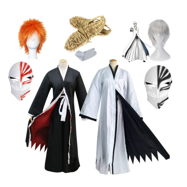 Anime Bleach Ichigo Kurosaki Black/White Costume Whole Set With Wigs Mask and Shoes Straw sandals Full Set Costume