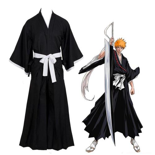 Anime Bleach Kurosaki Ichigo Cosplay Costume Whole Set With Wigs Cosplay Shoes Straw sandals and Sock Whole Set Halloween Carnival Outfit