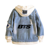 BTS Fashion Jean Jacket Fake Two Pieces Hooded Demin Zipper Jacket Coat